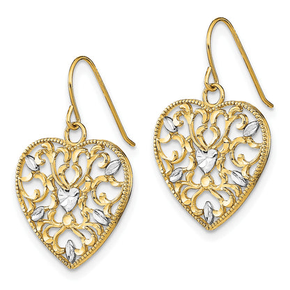 14k and White Rhodium Filigree Cut-Out Heart French Hook Earrings