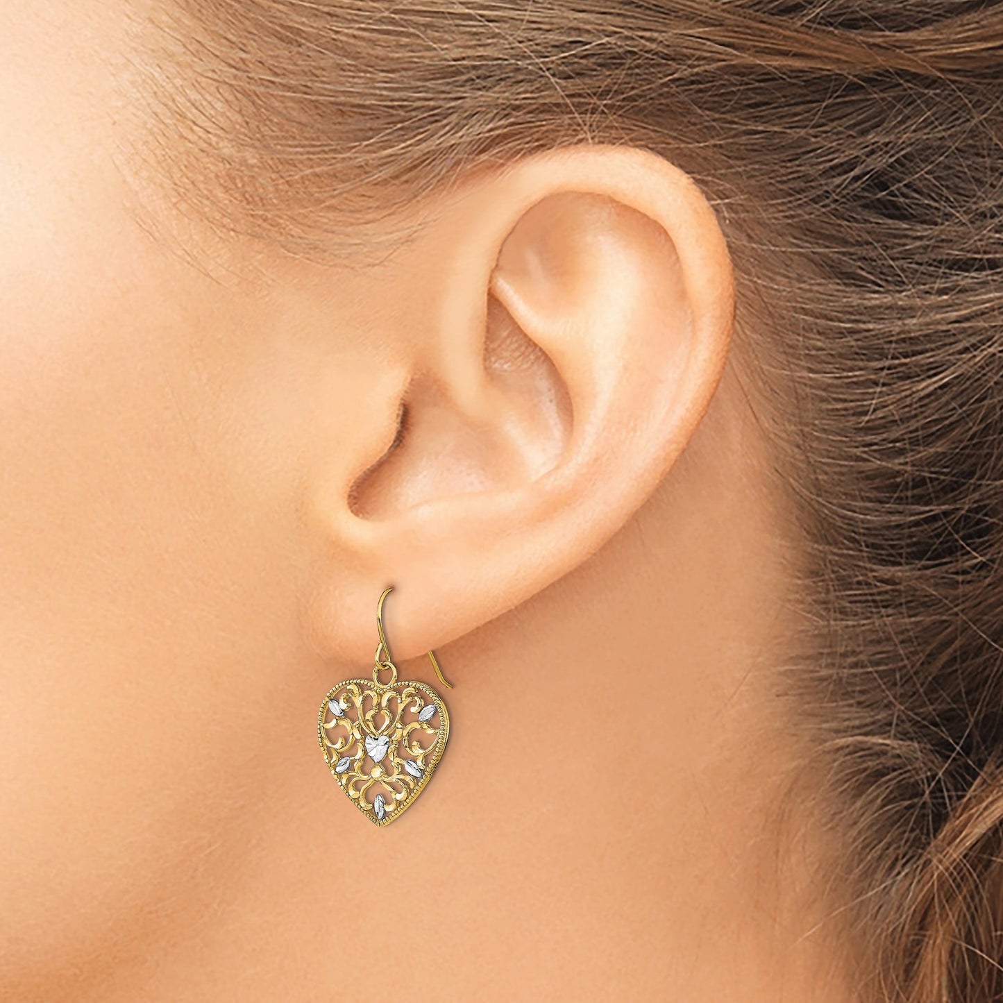 14k and White Rhodium Filigree Cut-Out Heart French Hook Earrings
