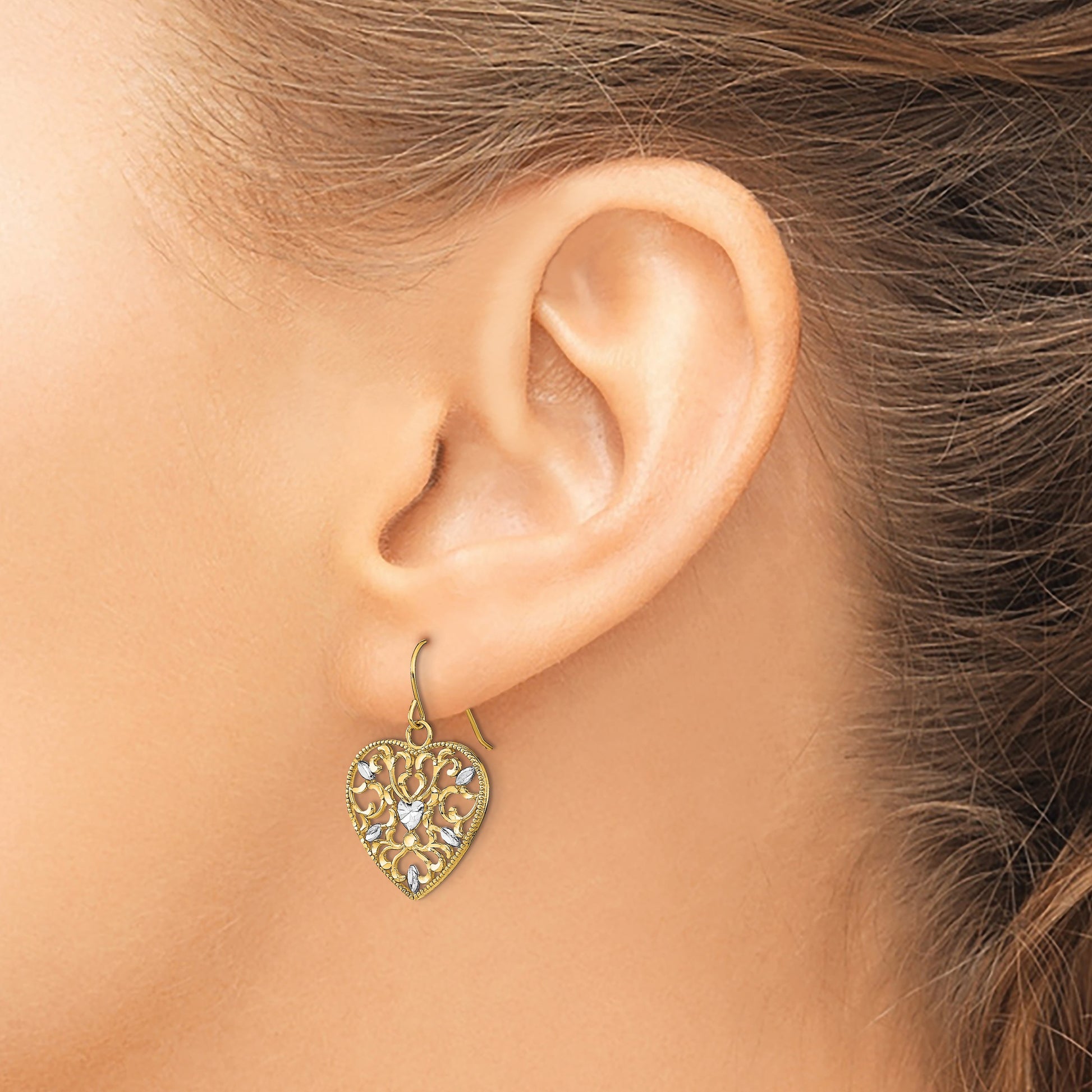 14k and White Rhodium Filigree Cut-Out Heart French Hook Earrings
