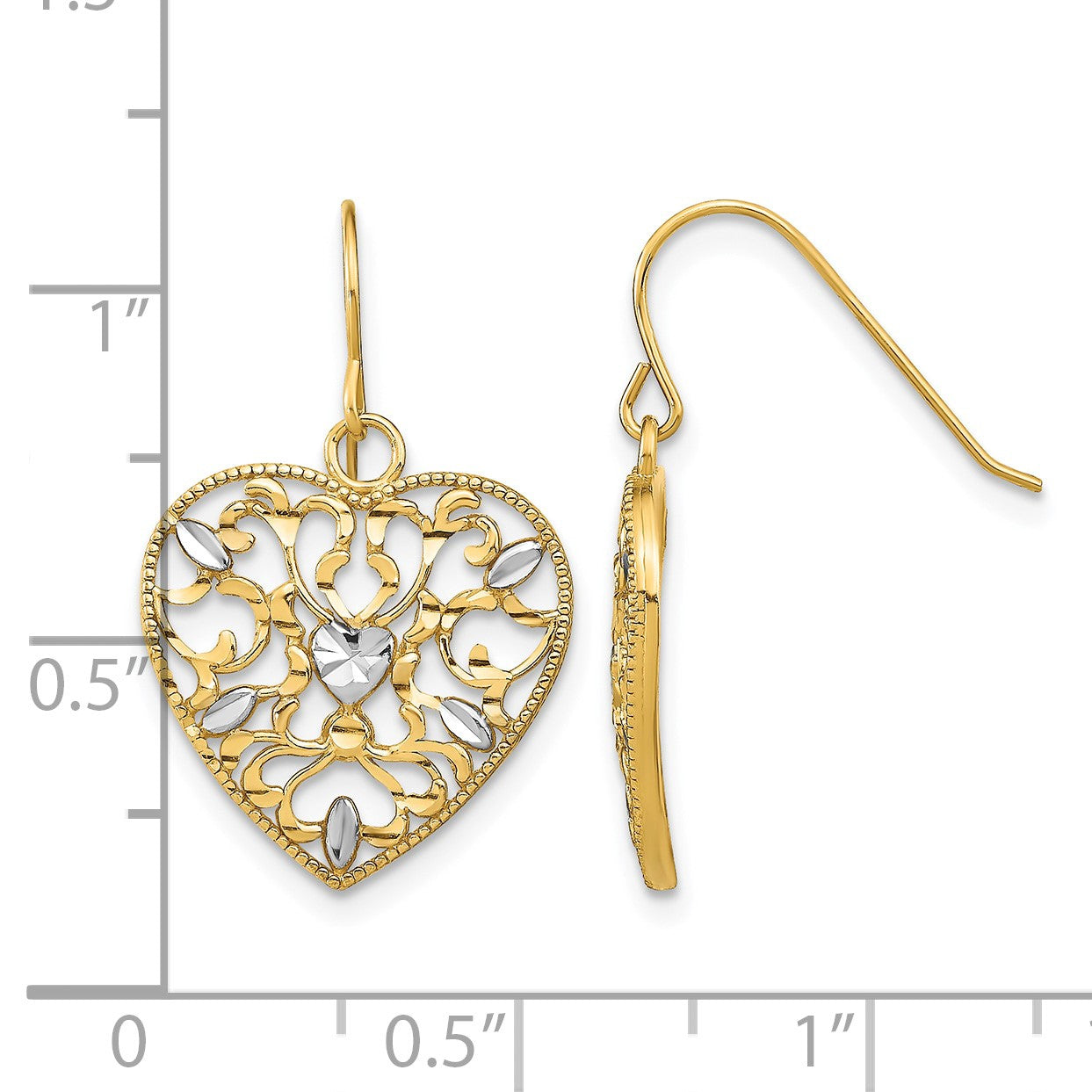 14k and White Rhodium Filigree Cut-Out Heart French Hook Earrings
