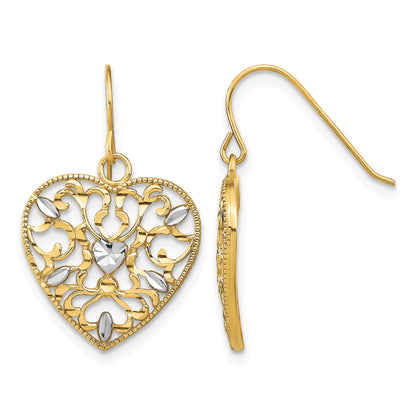 14k and White Rhodium Filigree Cut-Out Heart French Hook Earrings