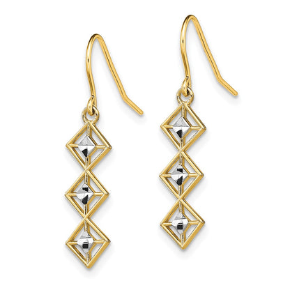 14K w/Rhodium Fancy Diamond-cut Dangle Wire Earrings