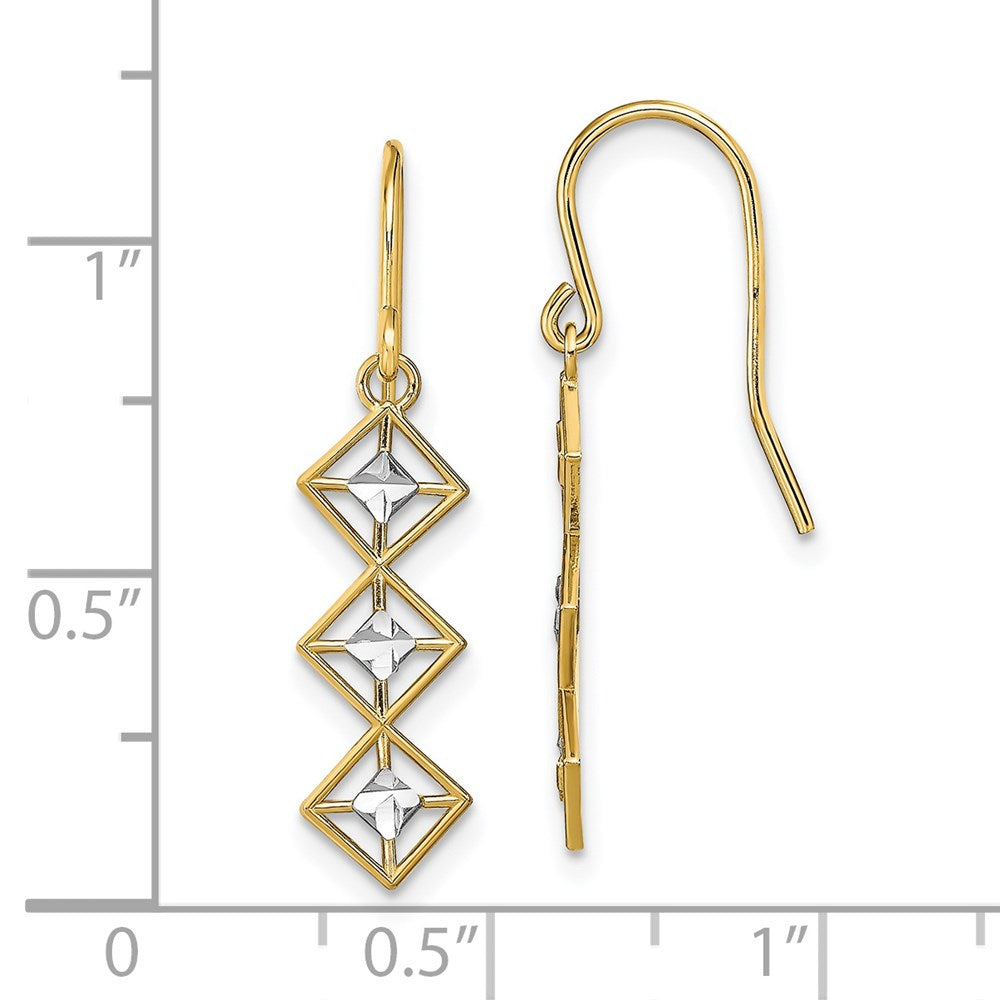 14K w/Rhodium Fancy Diamond-cut Dangle Wire Earrings