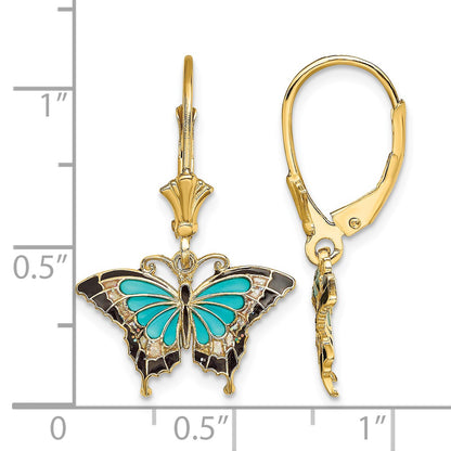 14K with Aqua and Black Enameled Wings Butterfly Dangle Leverback Earrings