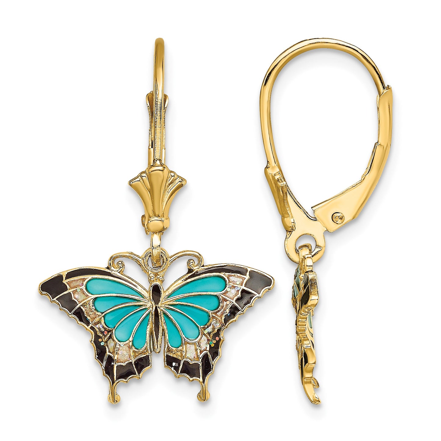 14K with Aqua and Black Enameled Wings Butterfly Dangle Leverback Earrings