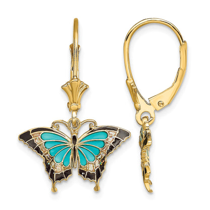 14K with Aqua and Black Enameled Wings Butterfly Dangle Leverback Earrings