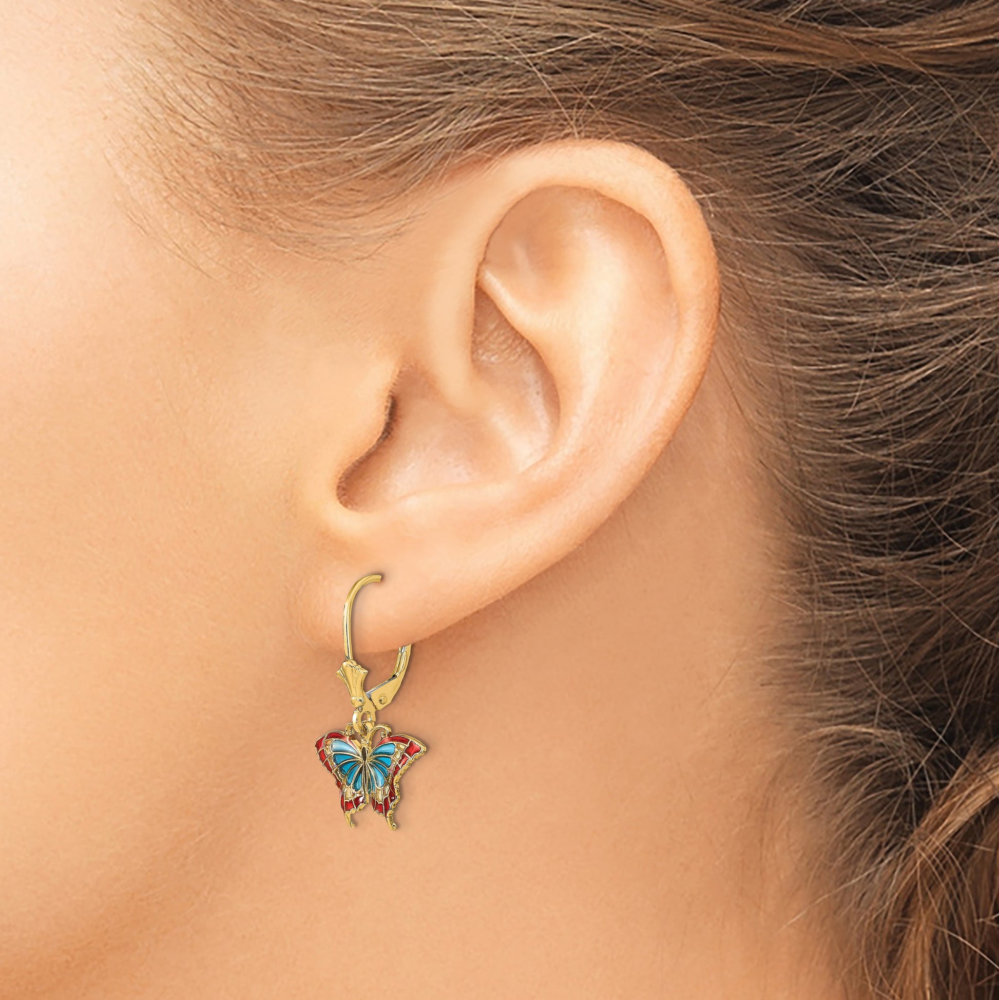 14k with Blue and Red Enameled Wings Butterfly Dangle Leverback Earrings