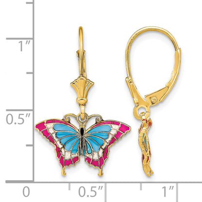 14k with Blue and Red Enameled Wings Butterfly Dangle Leverback Earrings