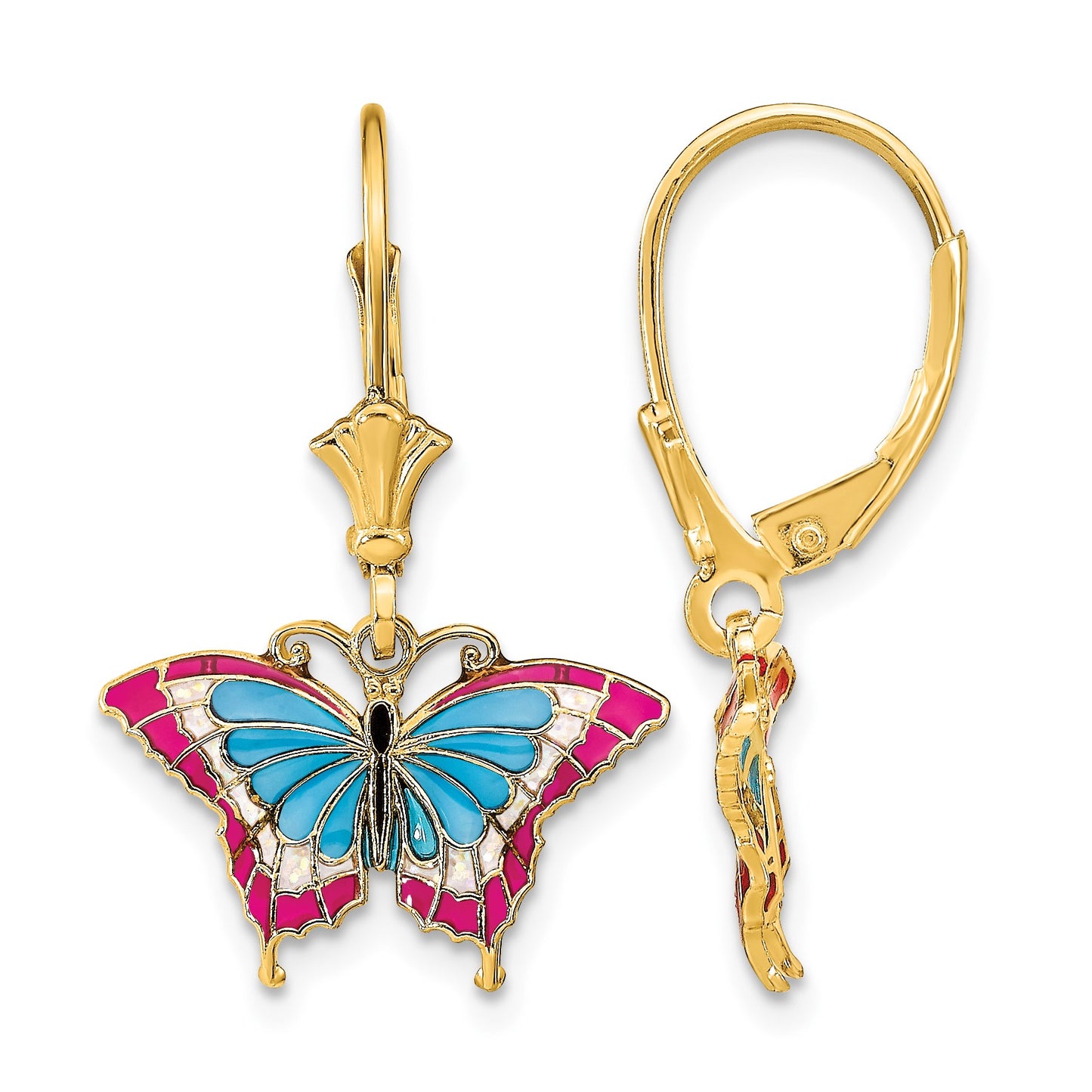 14k with Blue and Red Enameled Wings Butterfly Dangle Leverback Earrings