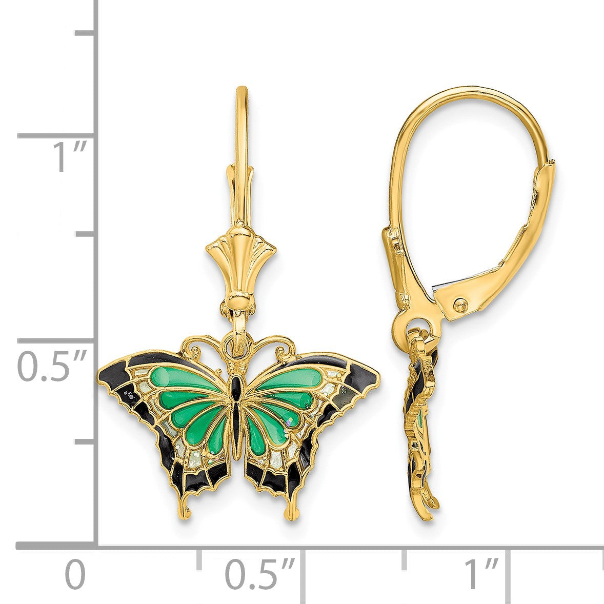 14K with Green and Black Enameled Wings Butterfly Dangle Leverback Earrings