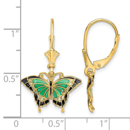 14K with Green and Black Enameled Wings Butterfly Dangle Leverback Earrings