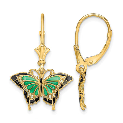 14K with Green and Black Enameled Wings Butterfly Dangle Leverback Earrings