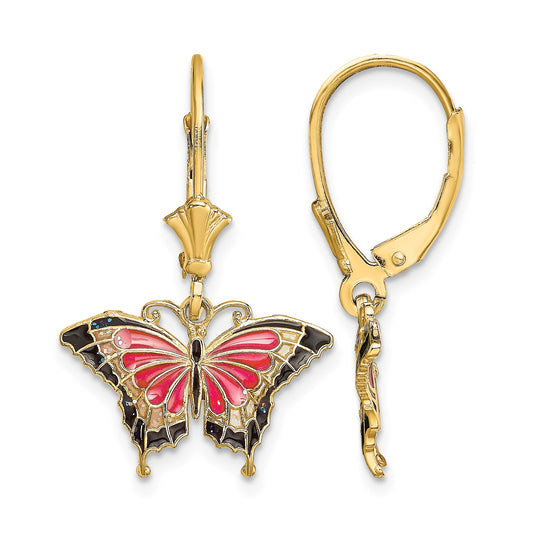 14K with Pink and Black Enameled Wings Butterfly Dangle Leverback Earrings