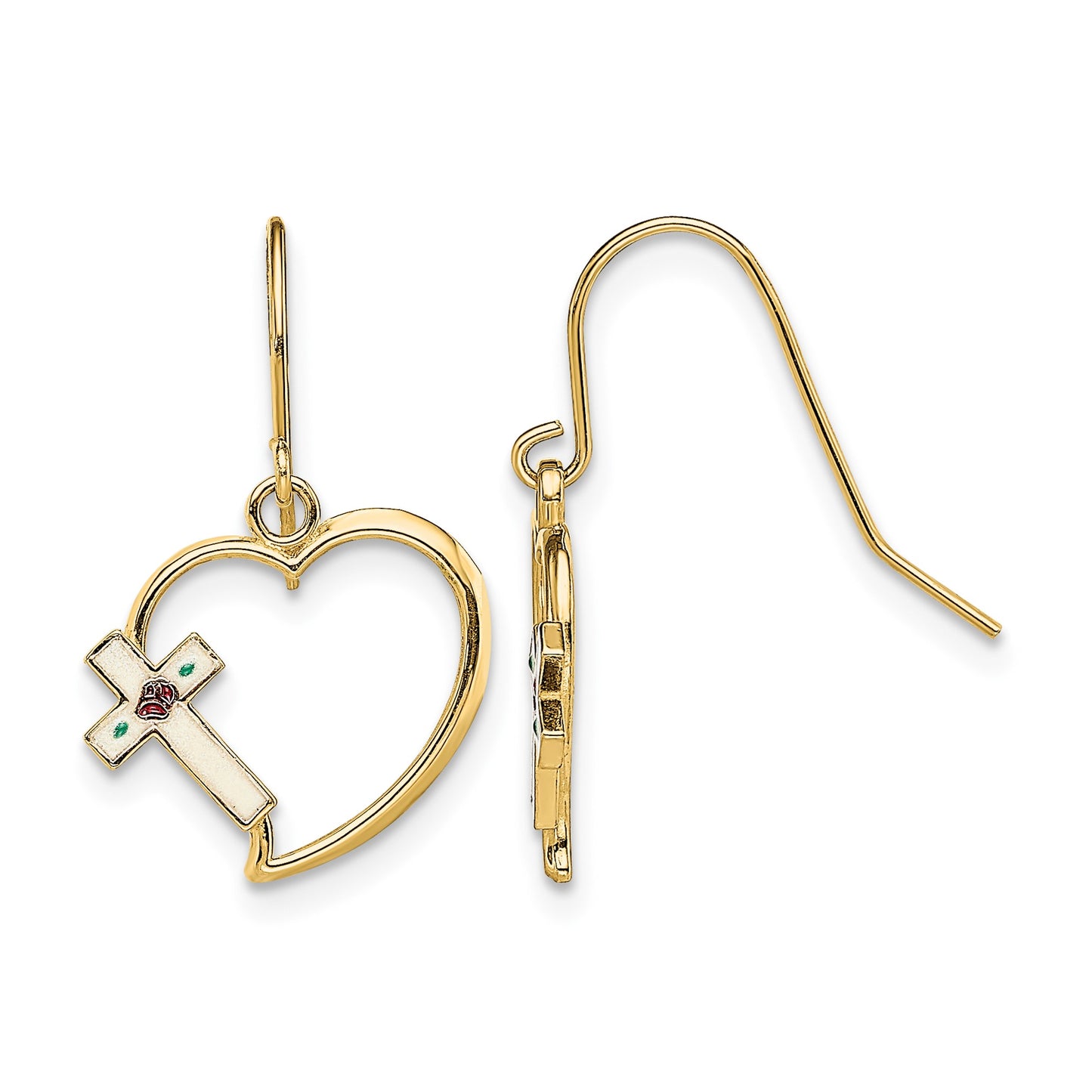14K White and Multi-color Enamel Floral Cross on Heart French Hook Earrings