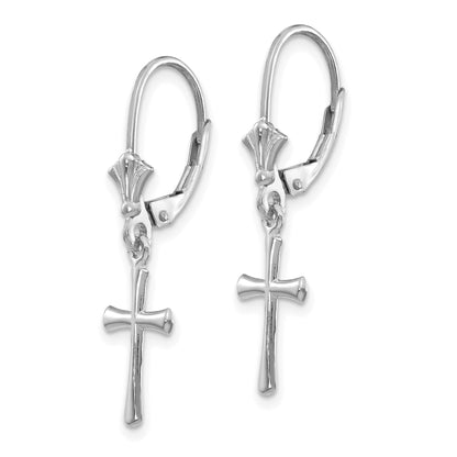 14k White Gold Polished Cross Dangle Leverback Earrings