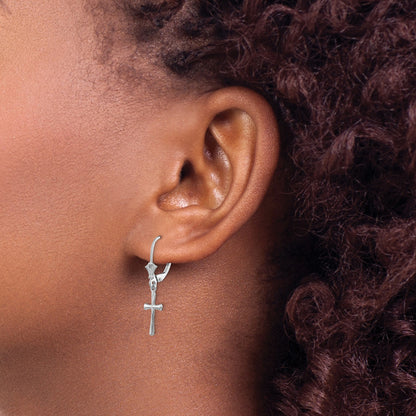 14k White Gold Polished Cross Dangle Leverback Earrings