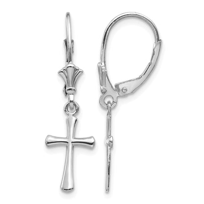 14k White Gold Polished Cross Dangle Leverback Earrings
