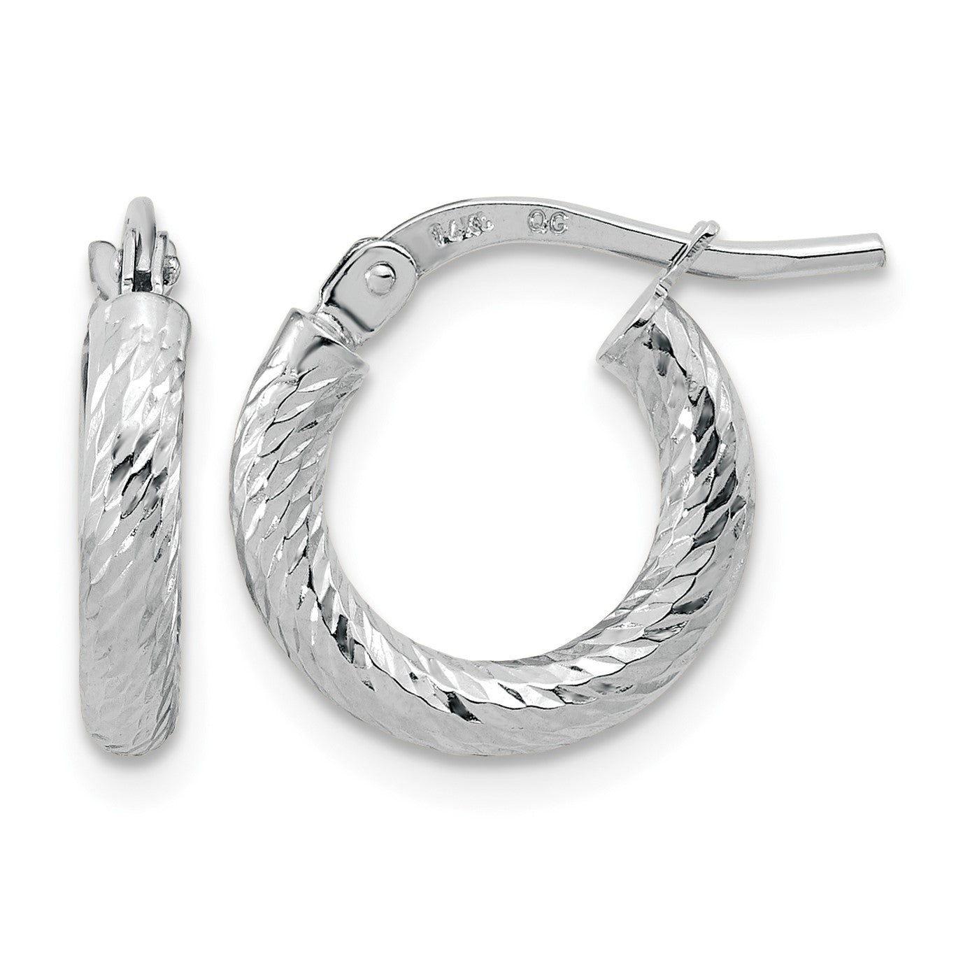 14k White Gold 2.4x14mm Polished Diamond-cut Tube Hoop Earrings
