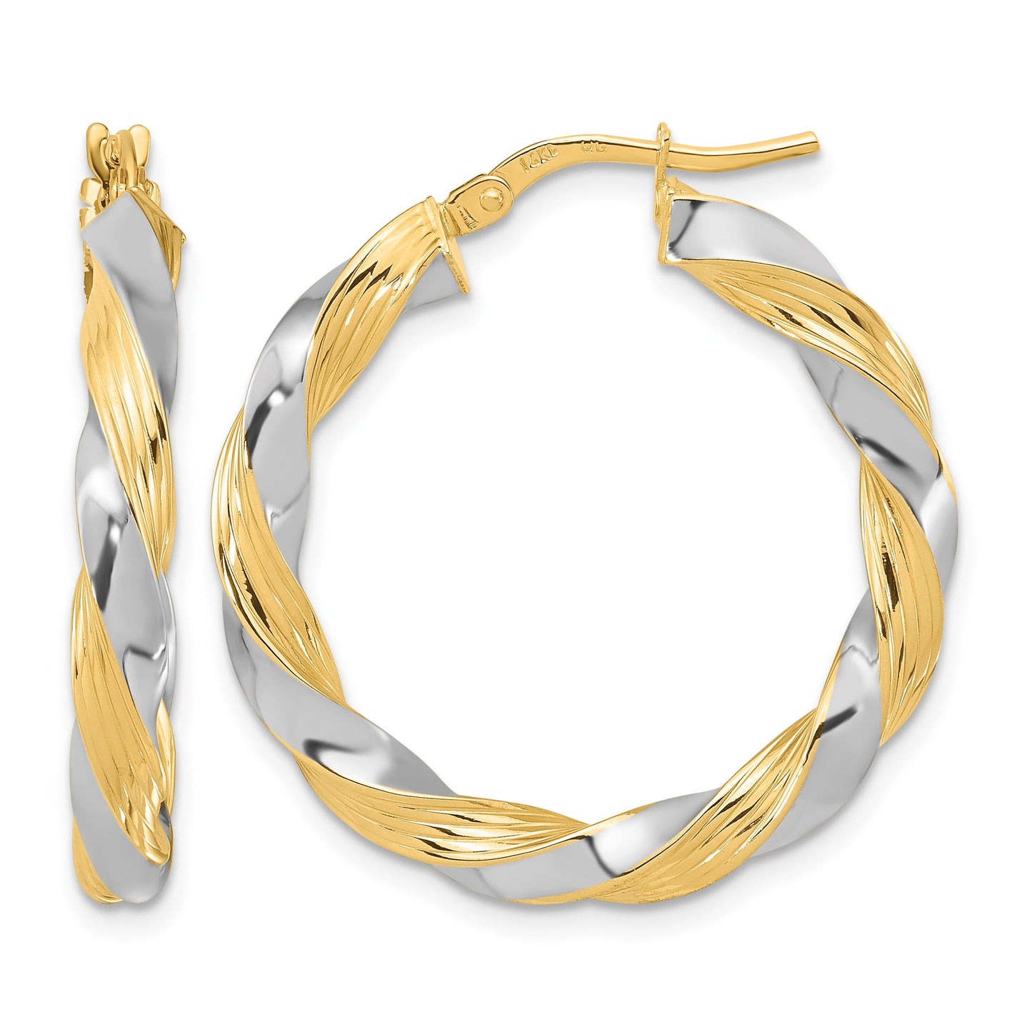 14k w/White Rhodium Polished Twisted Hoop Earrings
