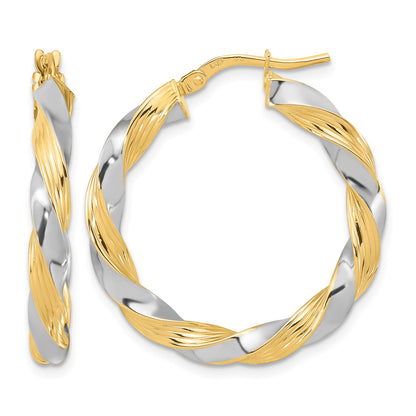 14k w/White Rhodium Polished Twisted Hoop Earrings