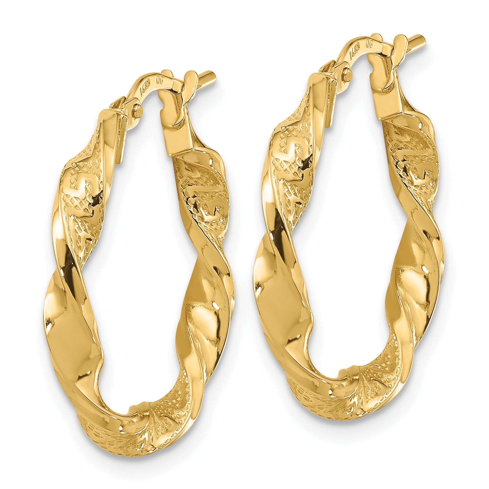 14k Polished and Textured Twisted Hollow 3mm Hoop Earrings