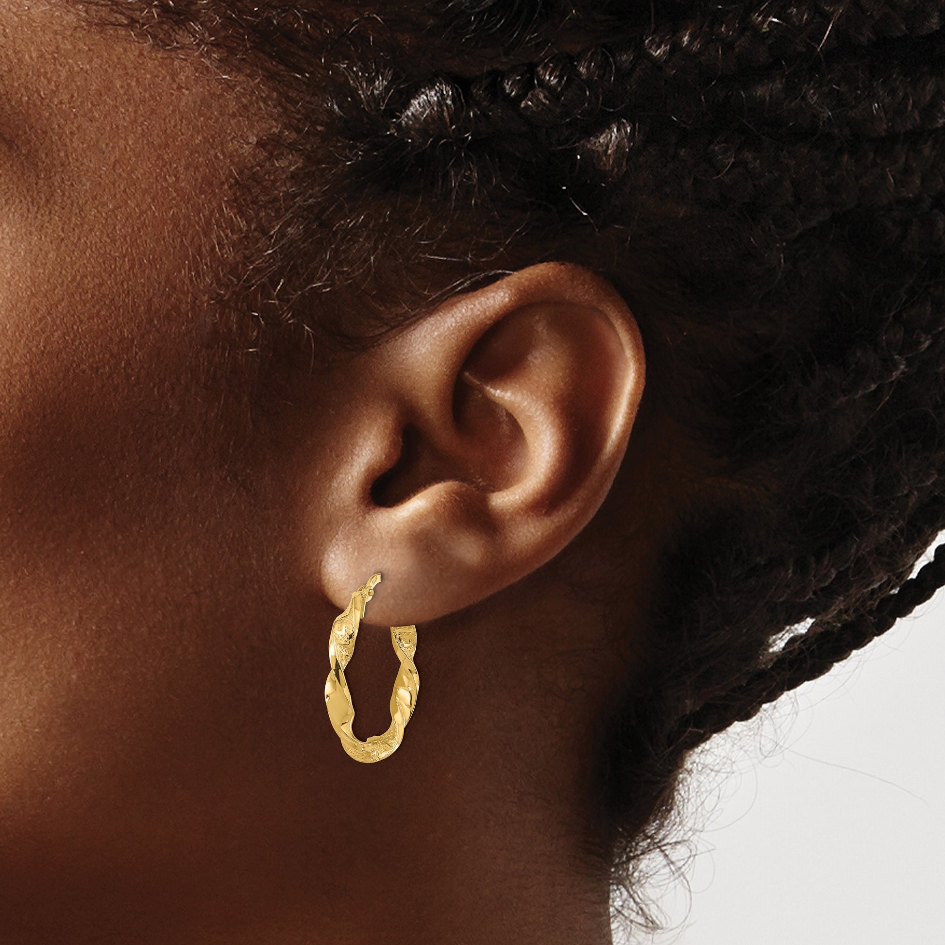 14k Polished and Textured Twisted Hollow 3mm Hoop Earrings
