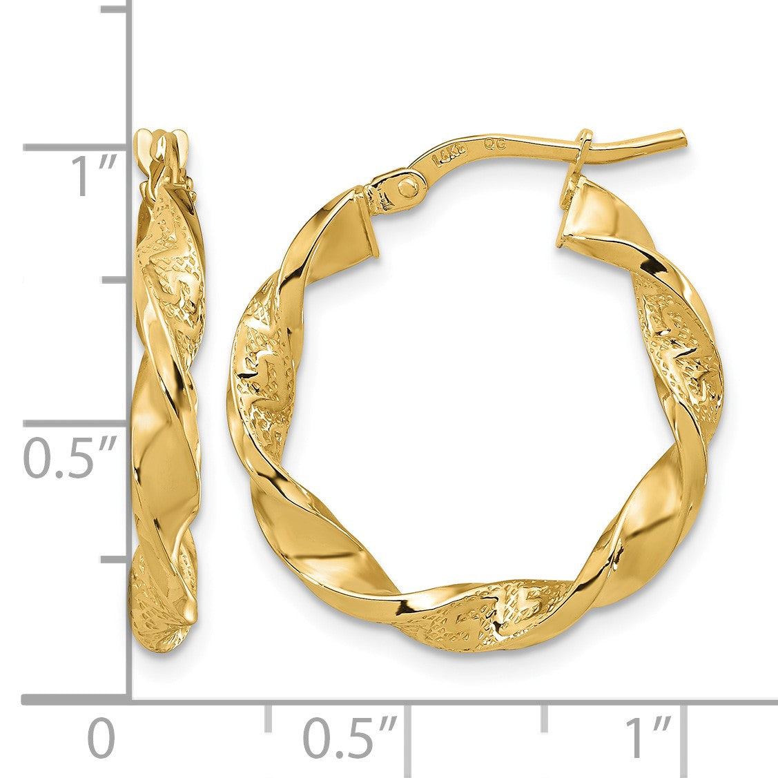 14k Polished and Textured Twisted Hollow 3mm Hoop Earrings