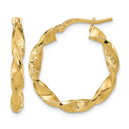14k Polished and Textured Twisted Hollow 3mm Hoop Earrings