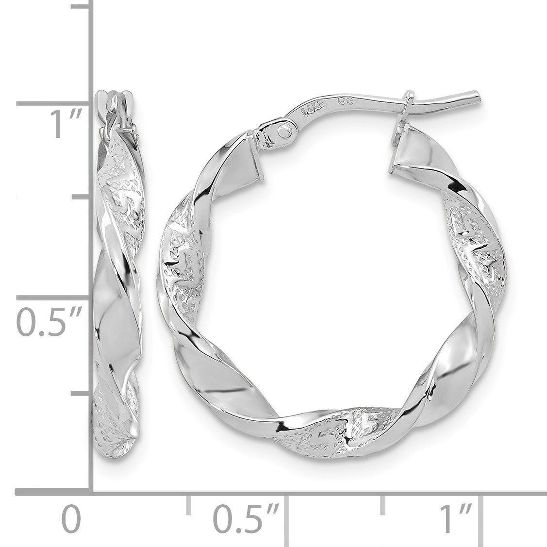 14k White Gold Polished and Textured Twisted Hoop Earrings