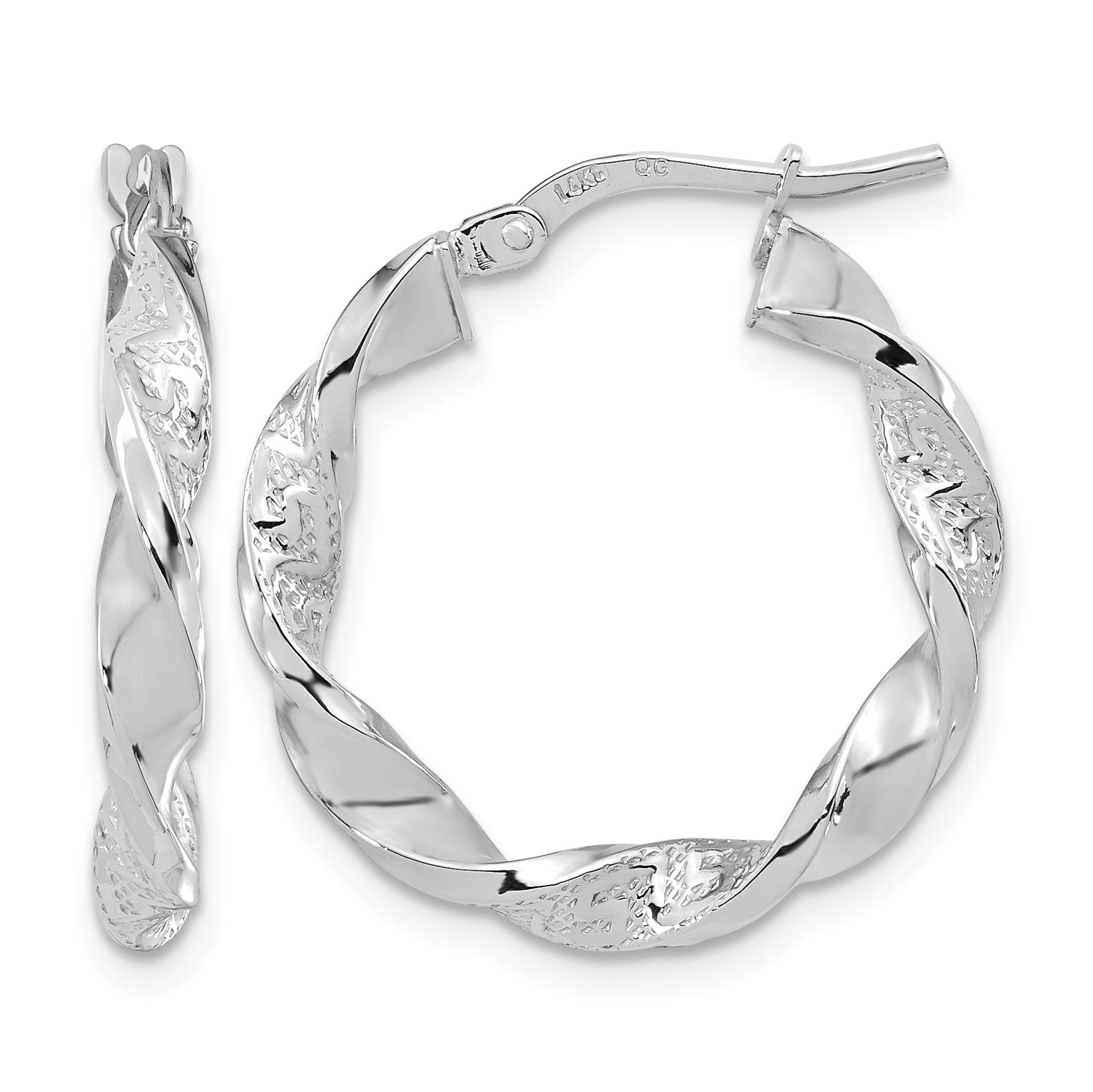 14k White Gold Polished and Textured Twisted Hoop Earrings