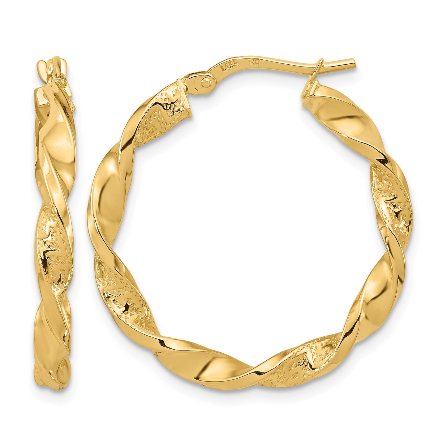 14k Polished and Textured Twisted Hoop Earrings