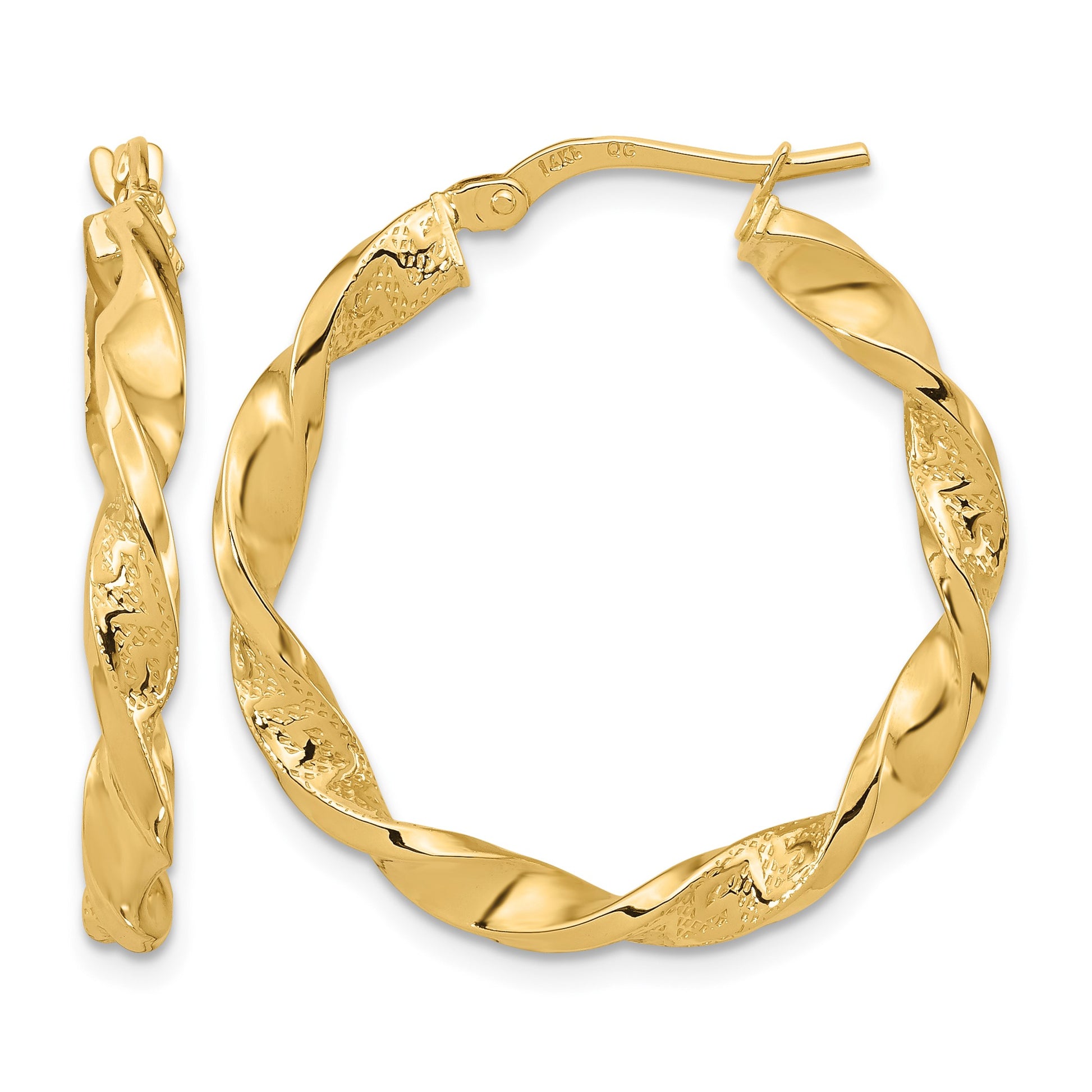 14k Polished and Textured Twisted Hoop Earrings