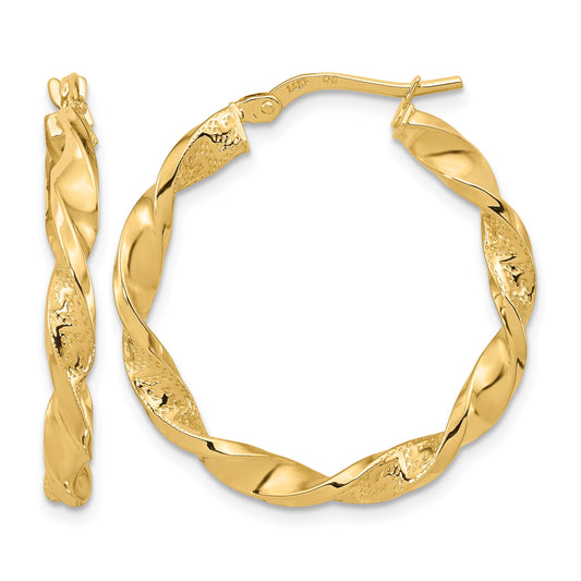 14k Polished and Textured Twisted Hoop Earrings