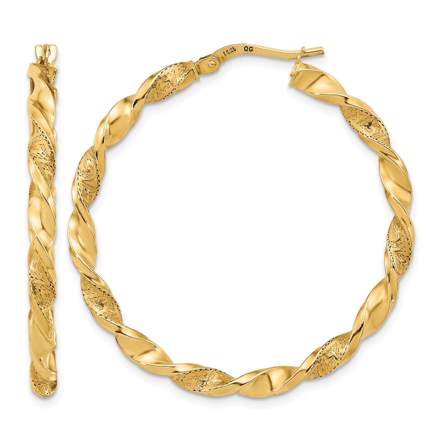 14K Polished and Textured Twisted Hoop Earrings