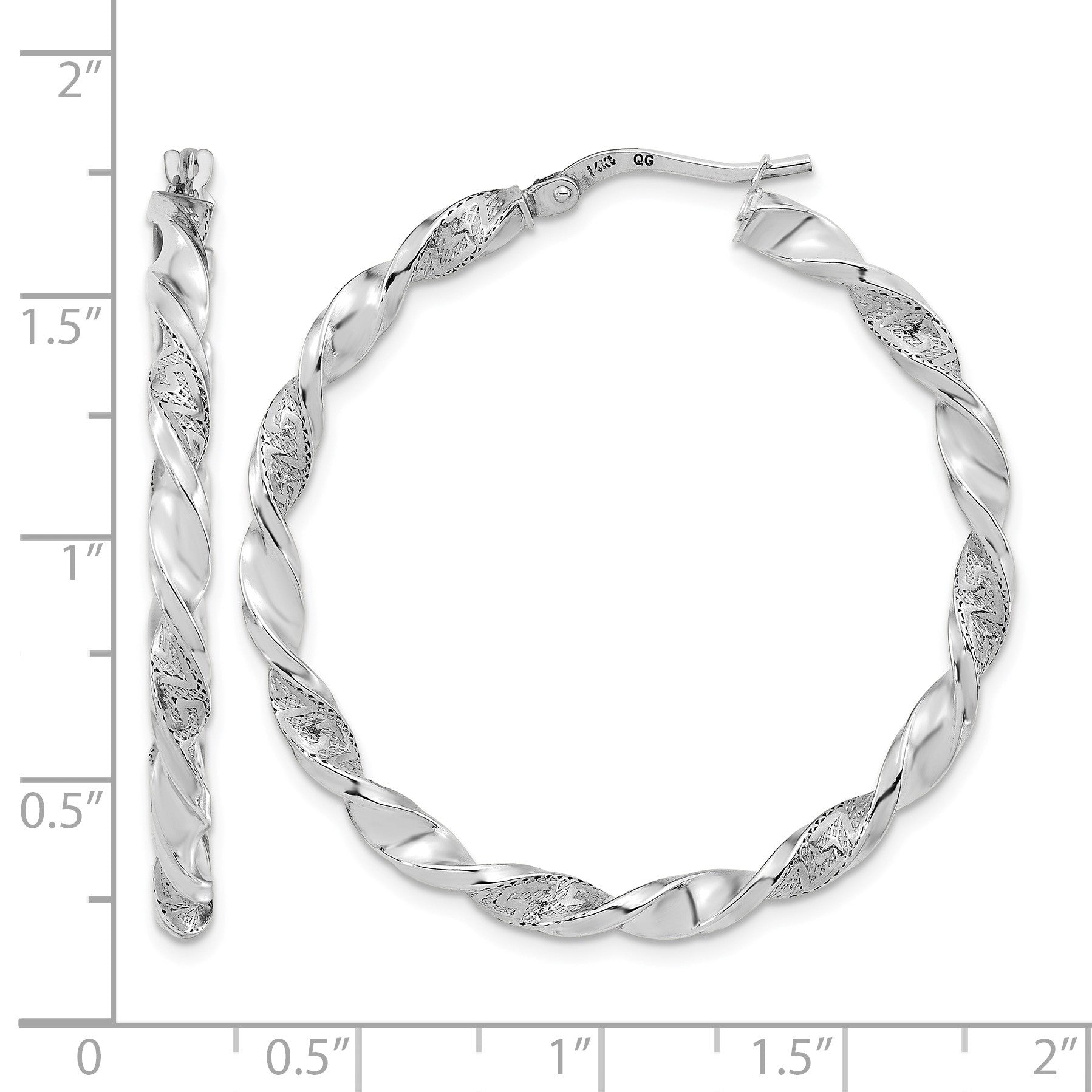 14k White Gold Polished and Textured Twisted Hoop Earrings