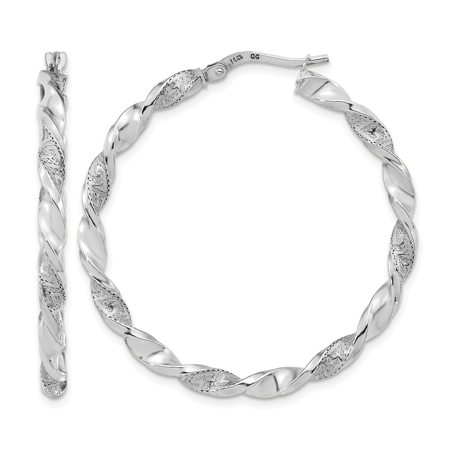 14k White Gold Polished and Textured Twisted Hoop Earrings