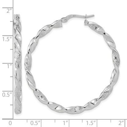 14k White Gold Polished and Textured Twisted Hoop Earrings
