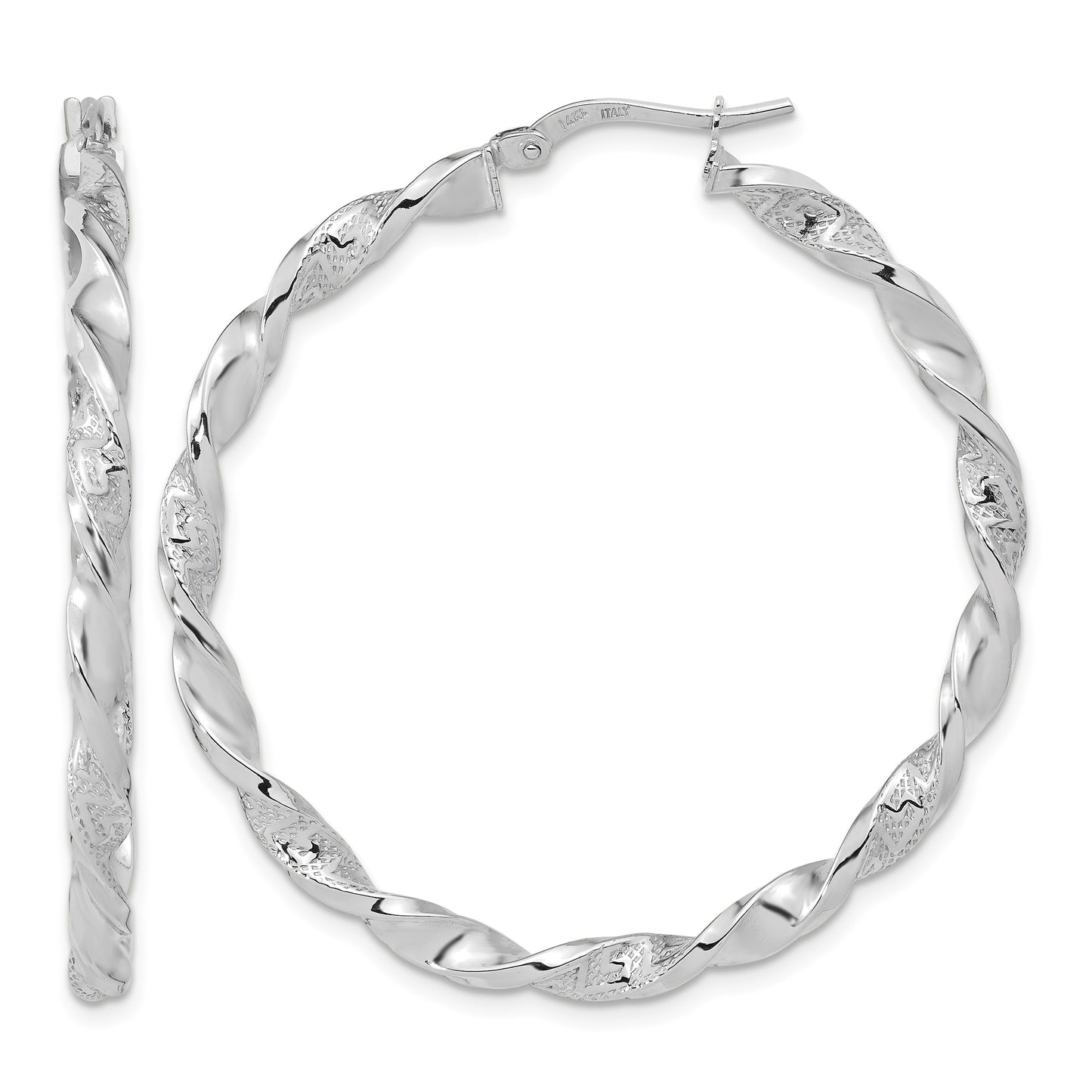 14k White Gold Polished and Textured Twisted Hoop Earrings