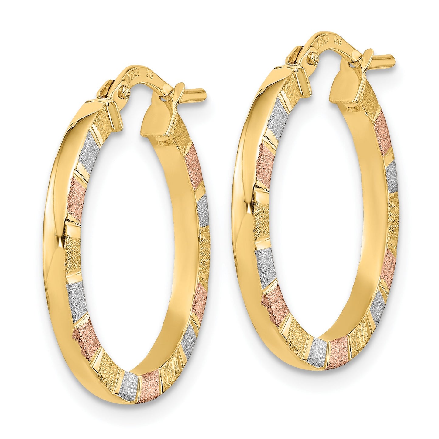 14k with White and Rose Rhodium 2x20mm Polished and Satin Tube Hoop Earrings