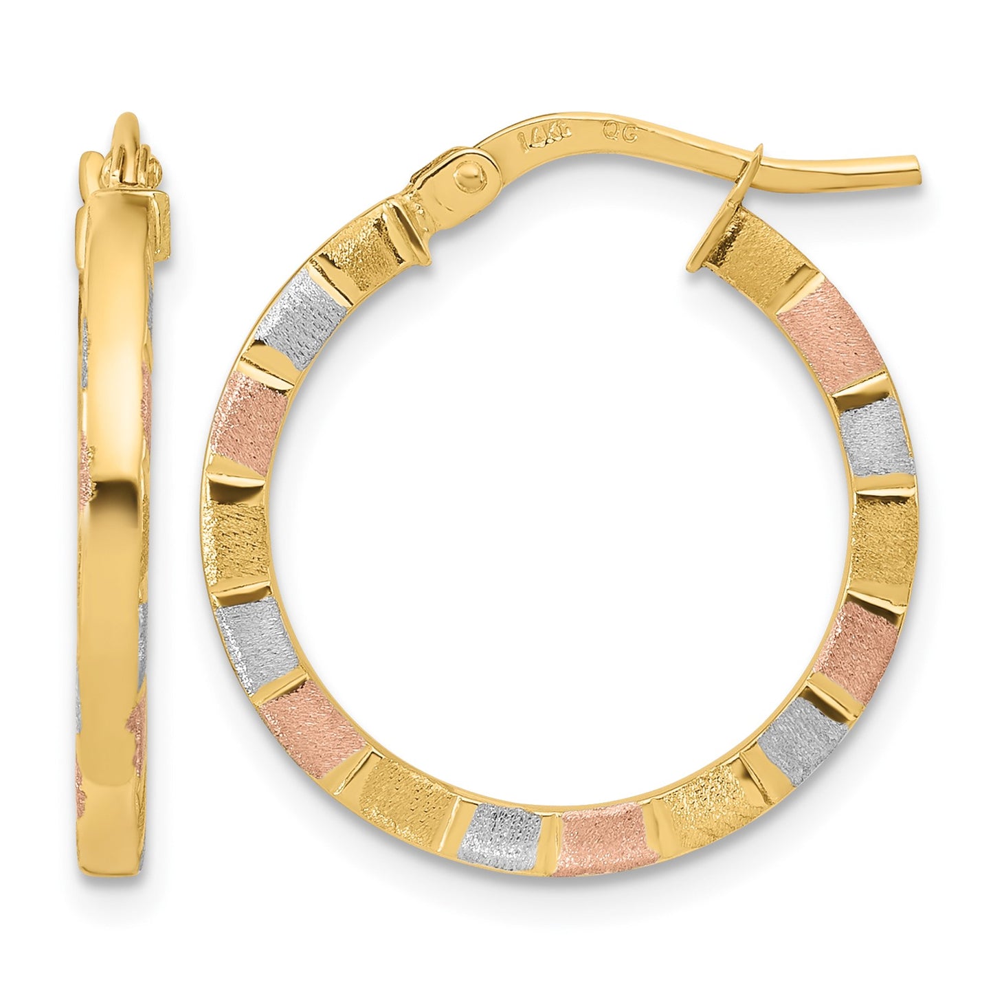 14k with White and Rose Rhodium 2x20mm Polished and Satin Tube Hoop Earrings