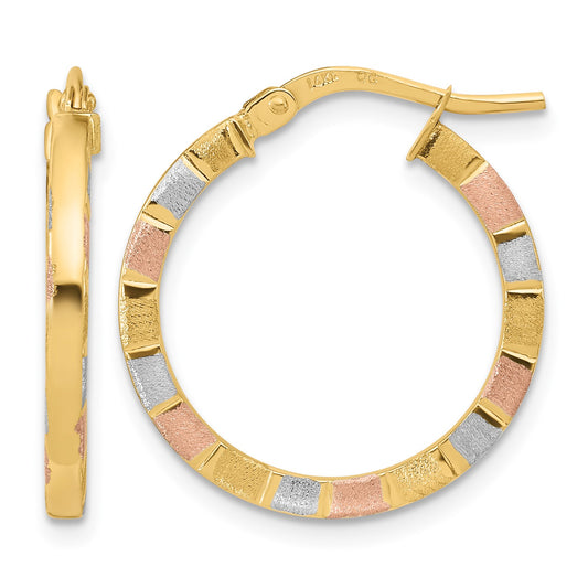 14k with White and Rose Rhodium 2x20mm Polished and Satin Tube Hoop Earrings