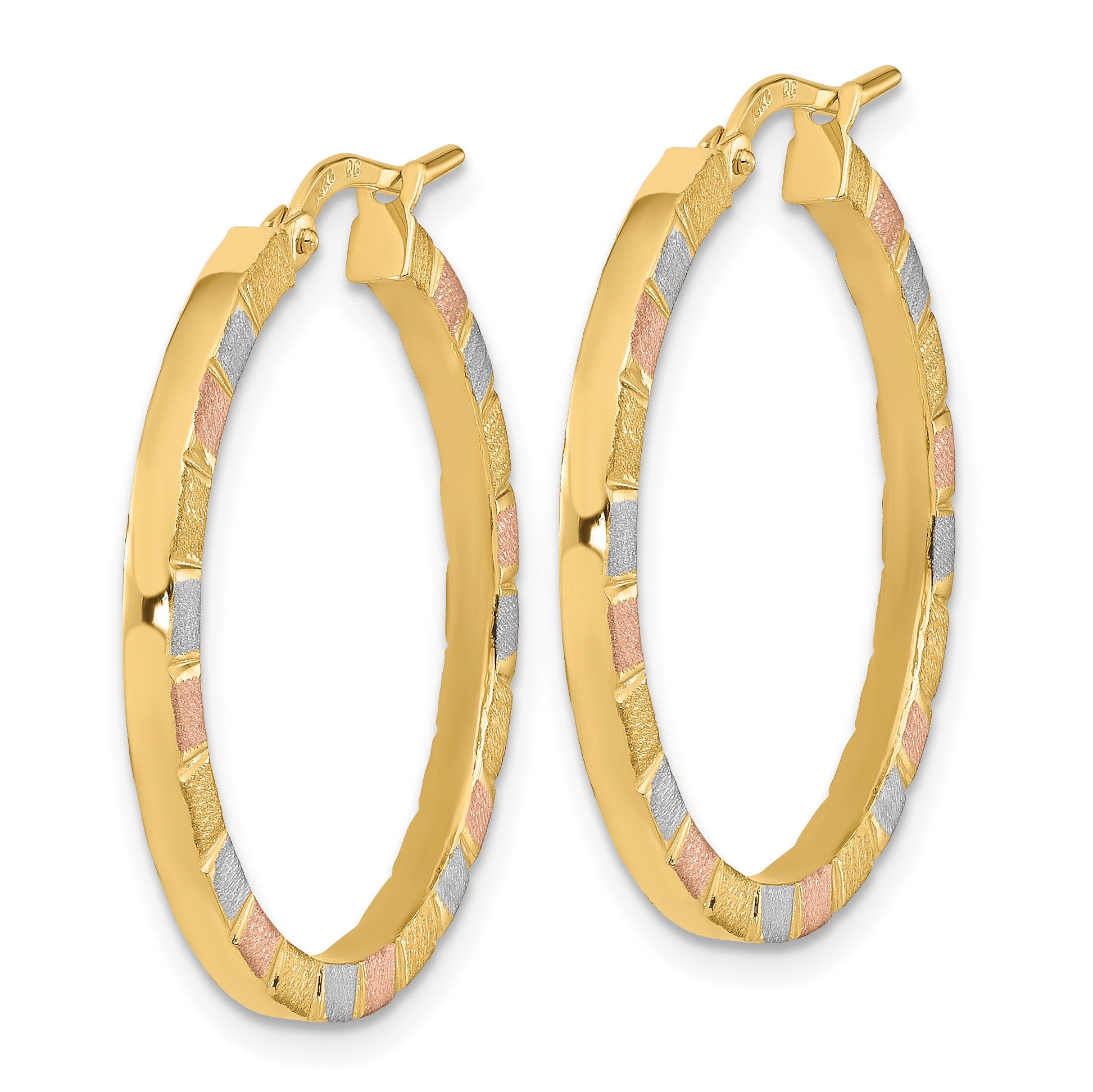 14k with White and Rose Rhodium 2x26mm Polished and Satin Tube Hoop Earrings
