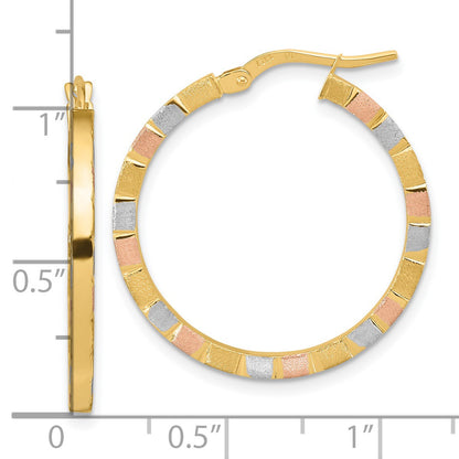 14k with White and Rose Rhodium 2x26mm Polished and Satin Tube Hoop Earrings