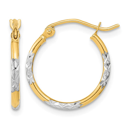 14k and White Rhodium 1.5x16mm Diamond-cut Tube Hoop Earrings