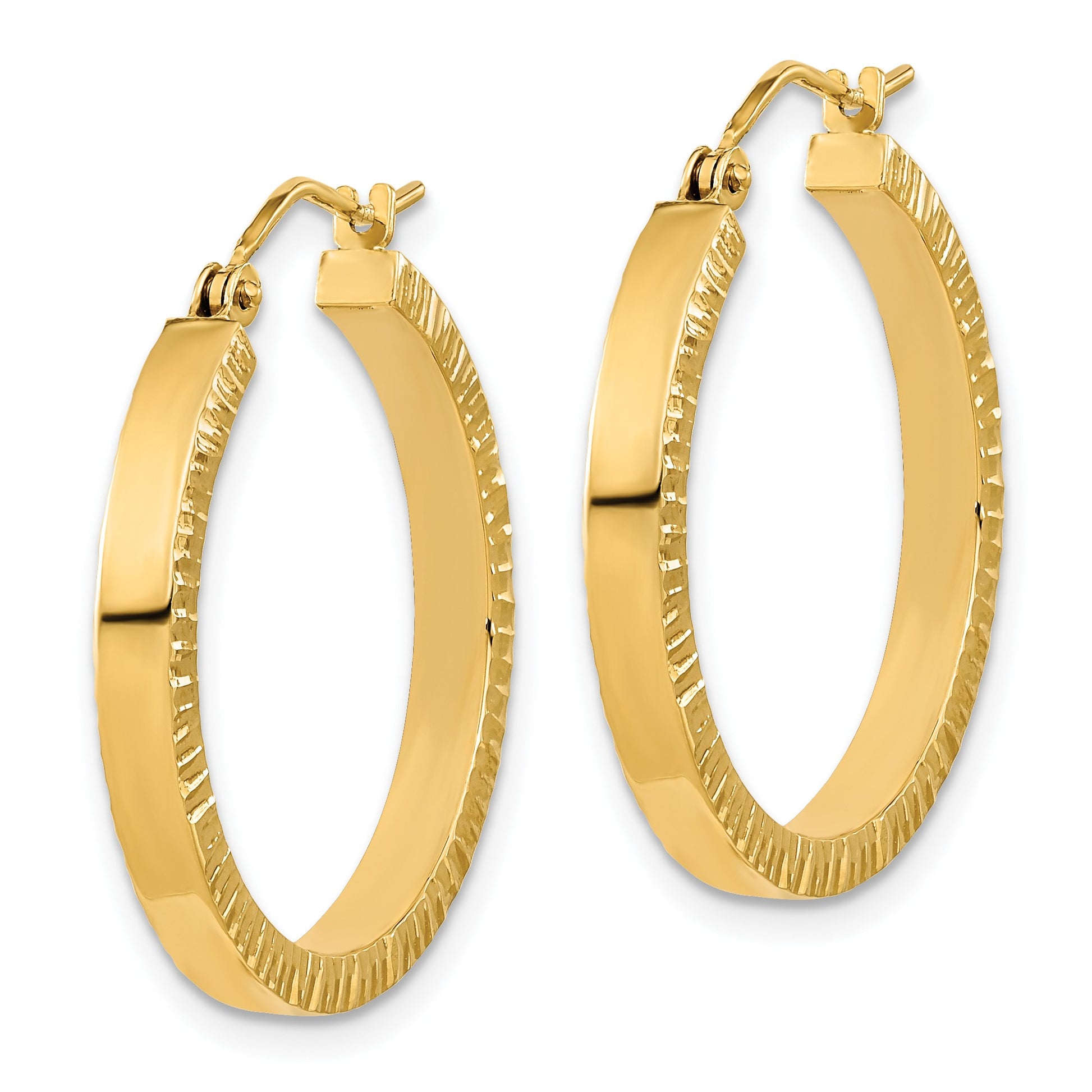 14K 3x27mm Polished with Textured Edge Tube Hoop Earrings