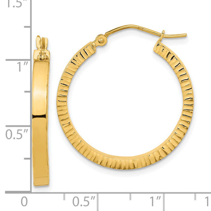14K 3x27mm Polished with Textured Edge Tube Hoop Earrings