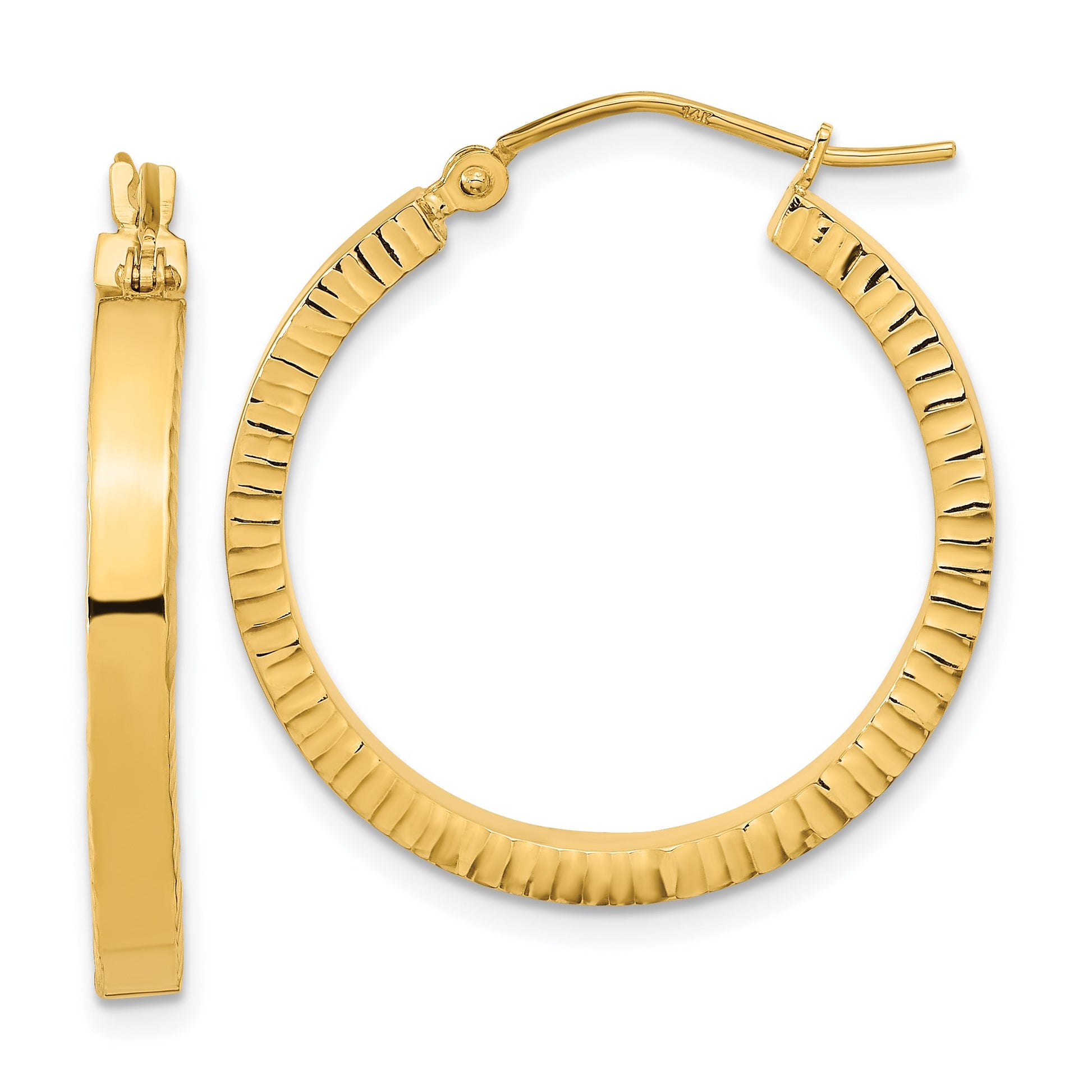14K 3x27mm Polished with Textured Edge Tube Hoop Earrings