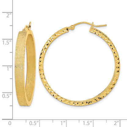 14K 4x35mm Satin with Diamond-cut Edge Tube Hoop Earrings
