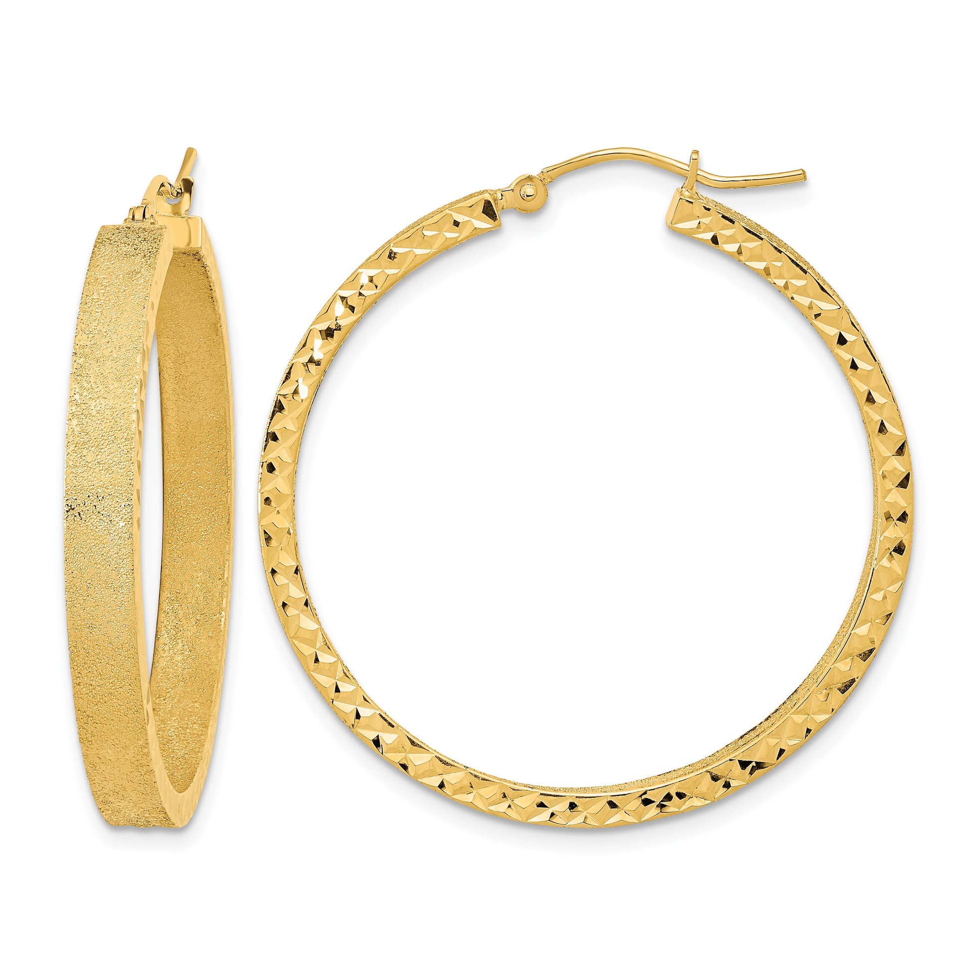 14K 4x35mm Satin with Diamond-cut Edge Tube Hoop Earrings