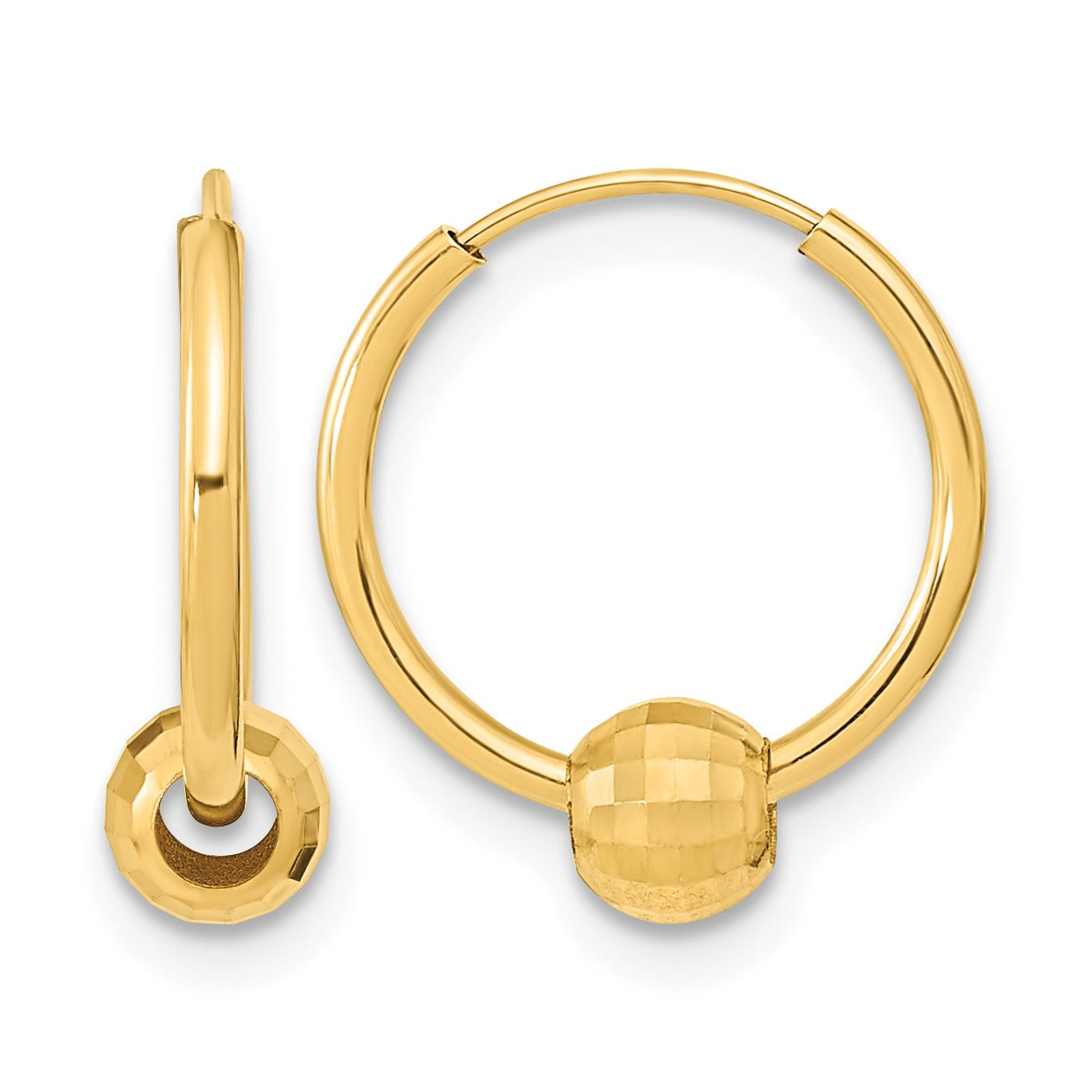 14K Polished with Diamond Cut Ball Hoop Earrings